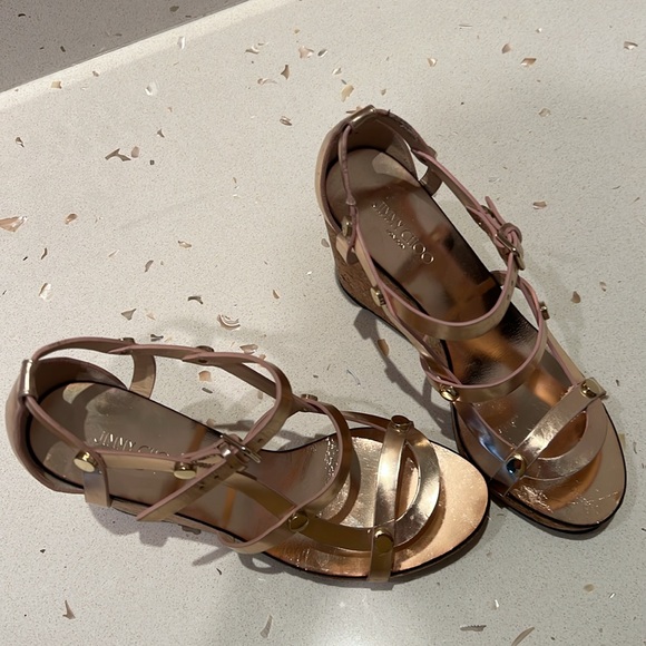 JIMMY CHOO Gold Strappy Cork Wedge Sandal - Picture 4 of 4